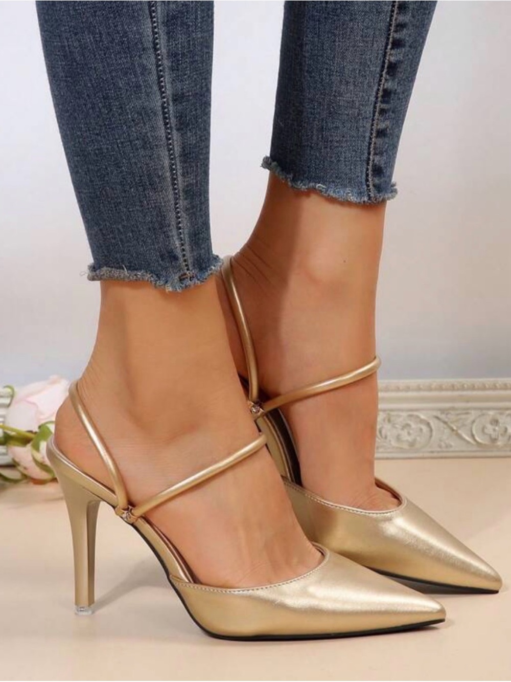 Anne Klein Metallic Gold Pointed-Toe Strappy High Heels